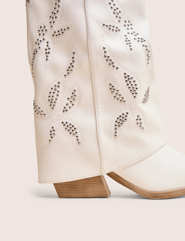 Public Desire Dixie White Fold Over Studded Western Ankle Boots