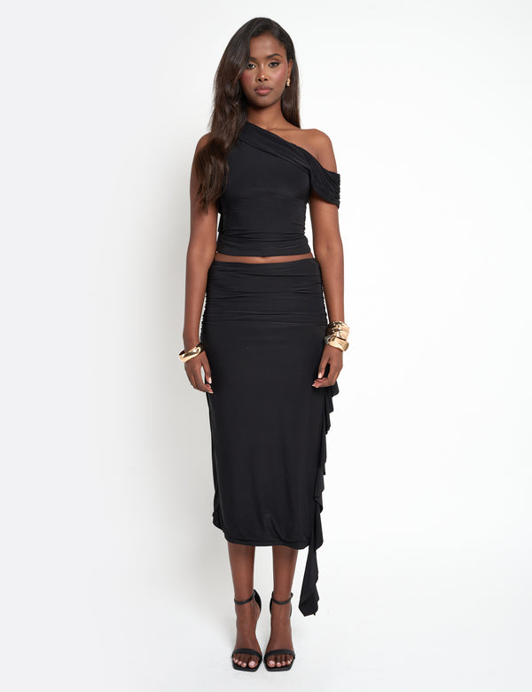 Public Desire Drape Detail Luxe Slinky Maxi Skirt Black