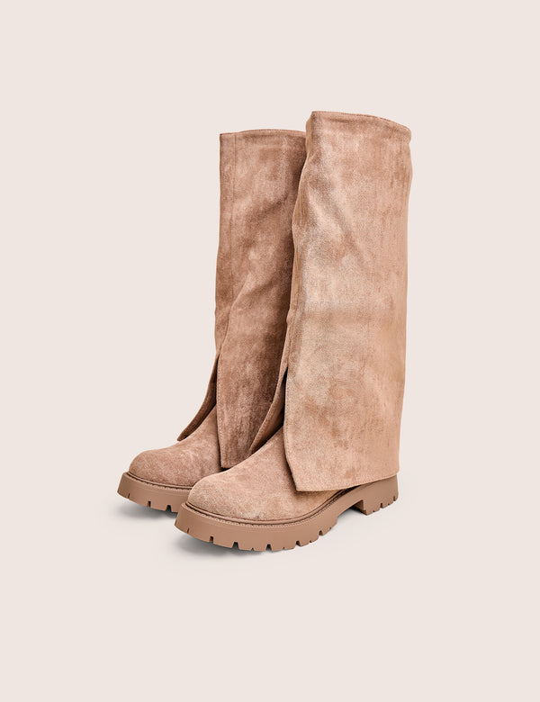 Public Desire Dusty Beige Chunky Sole Faux Suede Fold Over Boots