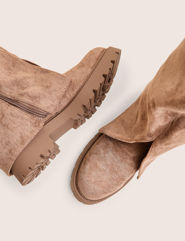 Public Desire Dusty Beige Chunky Sole Faux Suede Fold Over Boots