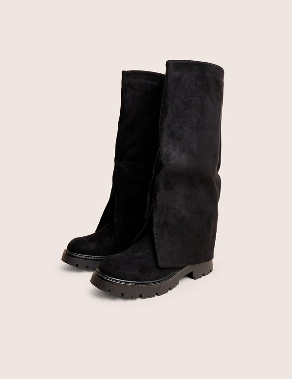 Public Desire Dusty Black Chunky Sole Faux Suede Fold Over Boots