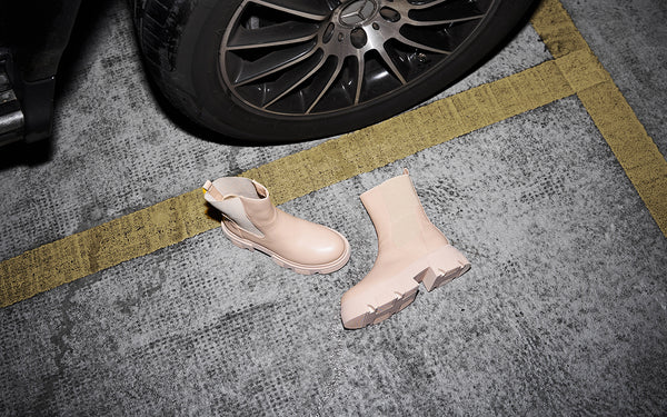 Public Desire Edgy Taupe Pu Elasticated Ankle Rounded Chunky Sole Ankle Boots