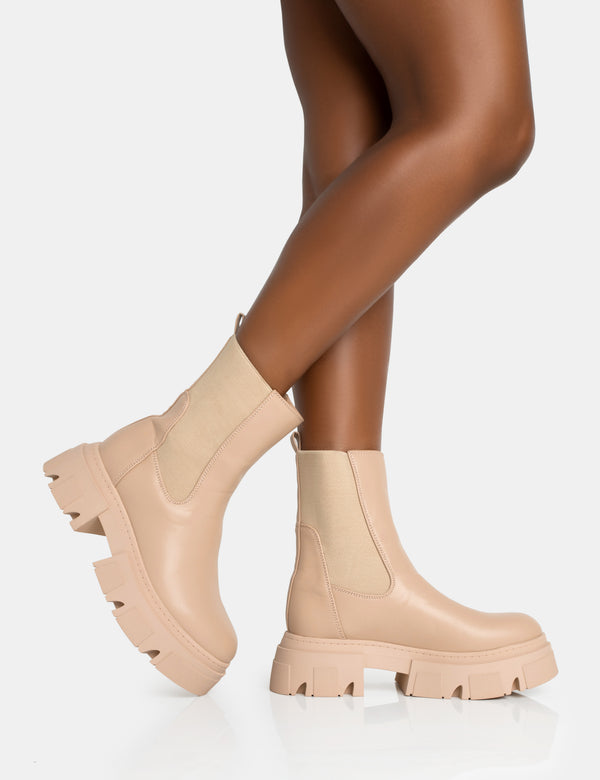 Public Desire Edgy Taupe Pu Elasticated Ankle Rounded Chunky Sole Ankle Boots