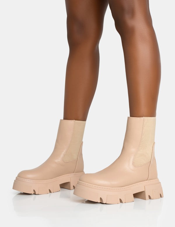Public Desire Edgy Taupe Pu Elasticated Ankle Rounded Chunky Sole Ankle Boots