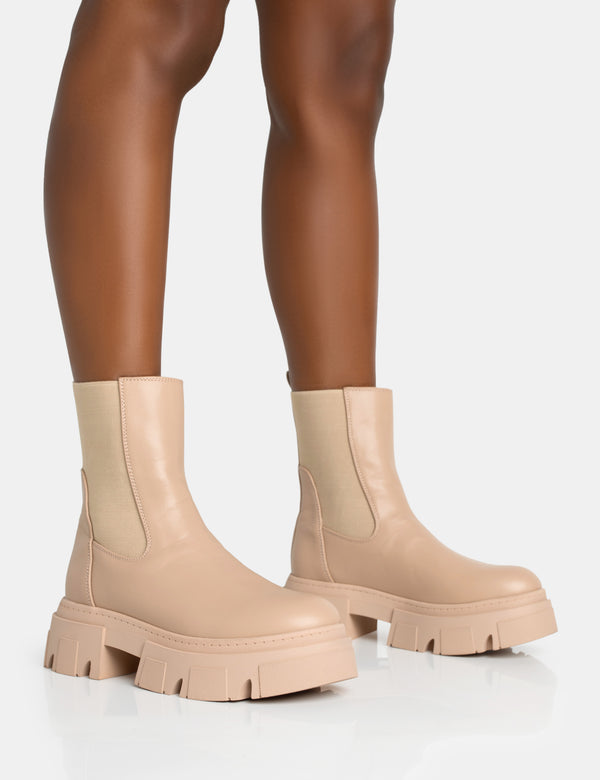 public desire Edgy Taupe Pu Elasticated Ankle Rounded Chunky Sole Ankle Boots
