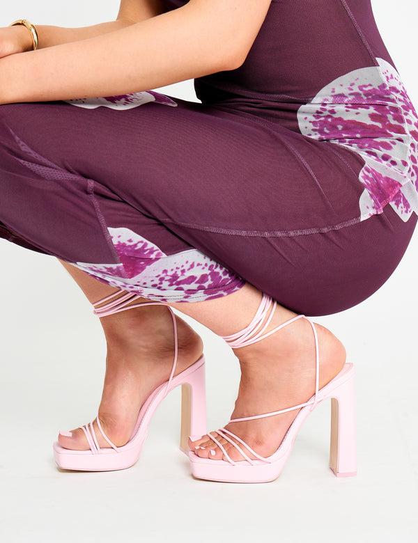 Public Desire Eilish Light Pink Pu Lace Up Strappy Platform Block High Heels