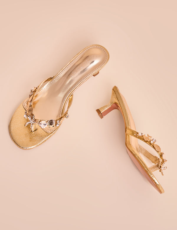 Public Desire Eldwen Gold Mirror Pu Under The Sea Trim Mule Mid Heels