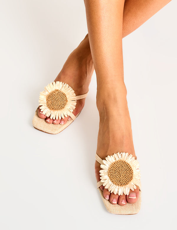 Public Desire Ellery Natural Linen 3-D Floral Mule Mid Heels