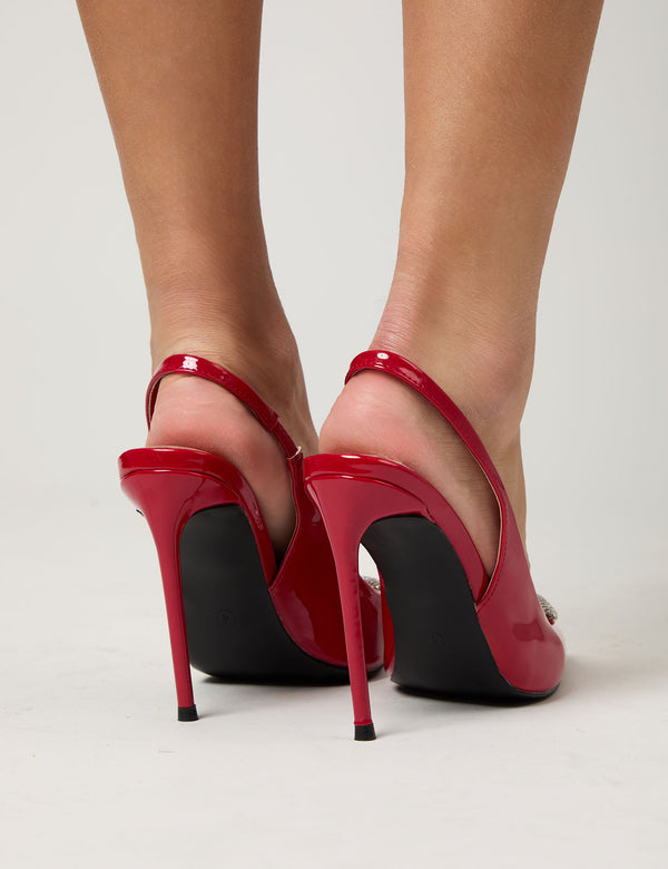 Public Desire Elvis Red Patent Diamante Heart Brooch Slingback Pointed Toe Court High Heels