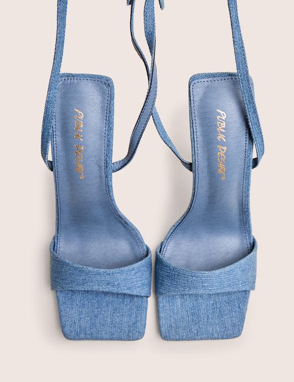 Public Desire Emma Blue Denim Barely There Square Toe High Heels