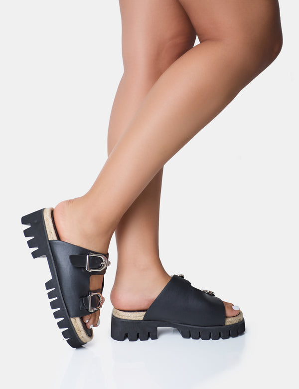 Public Desire Equinox Black Chunky Jute Detail Buckle Flatform Sandals