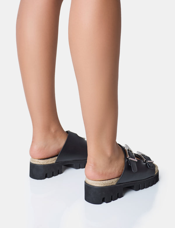 Public Desire Equinox Black Chunky Jute Detail Buckle Flatform Sandals