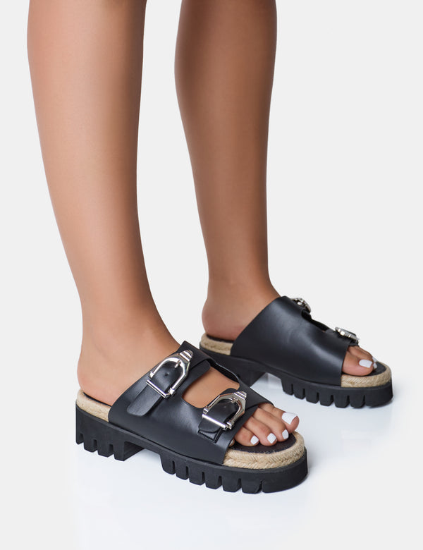 public desire Equinox Black Chunky Jute Detail Buckle Flatform Sandals
