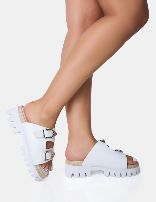 Public Desire Equinox White Chunky Jute Detail Buckle Flatform Sandals