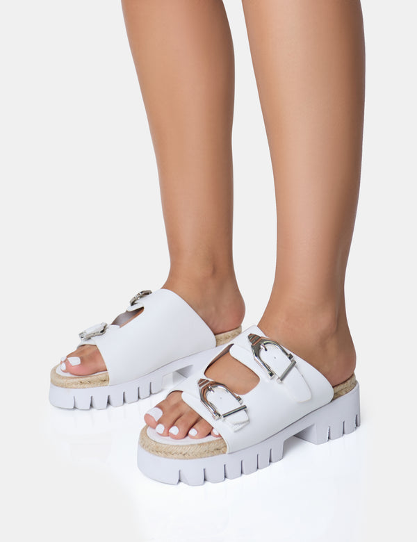 Public Desire Equinox White Chunky Jute Detail Buckle Flatform Sandals