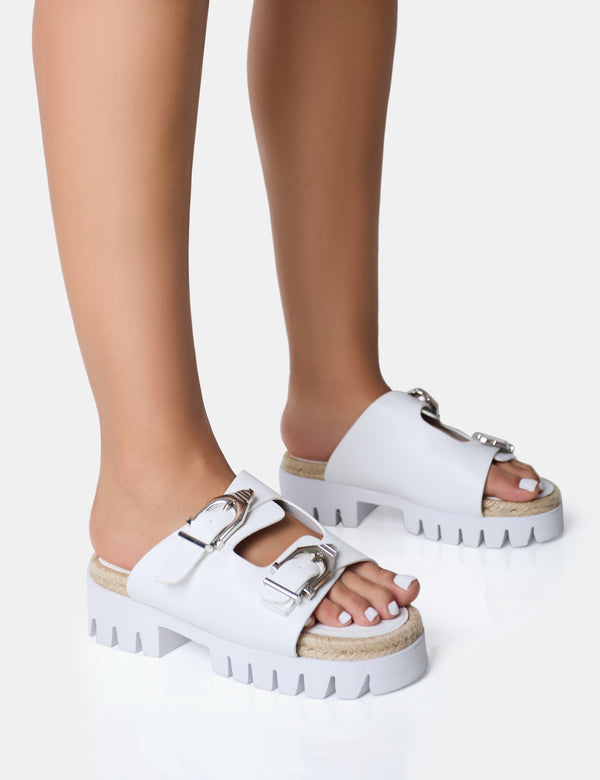 public desire Equinox White Chunky Jute Detail Buckle Flatform Sandals