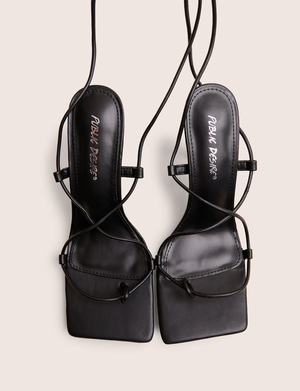 Public Desire Euphoria Black PU Square Toe Lace Up Mid Heels