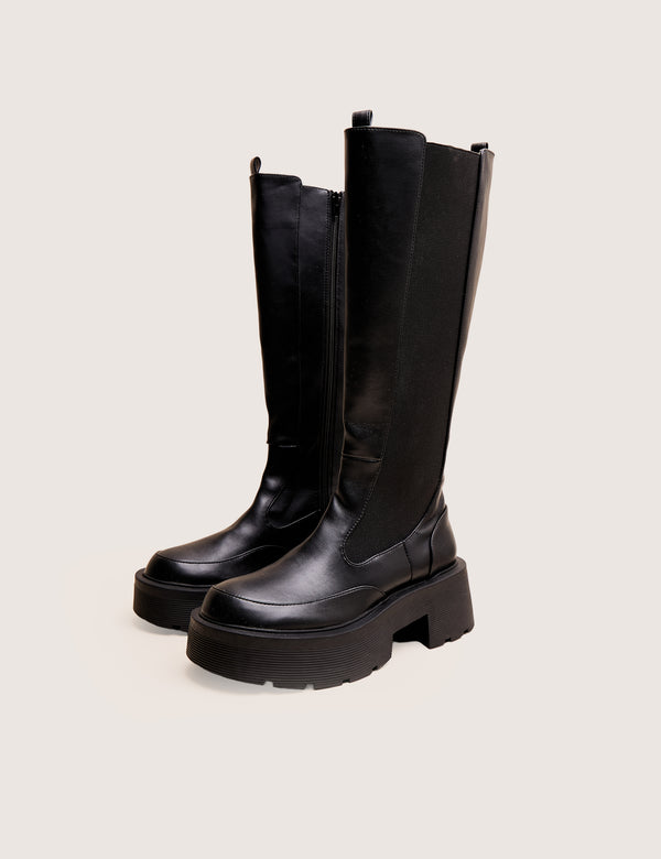 Public Desire Evergreen Black Knee High Elasticated Detail Chunky Heeled Sole Boots