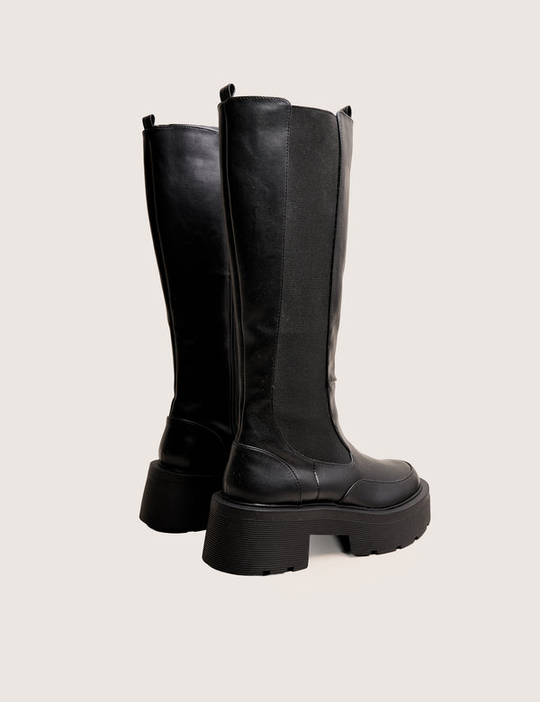 Public Desire Evergreen Black Knee High Elasticated Detail Chunky Heeled Sole Boots