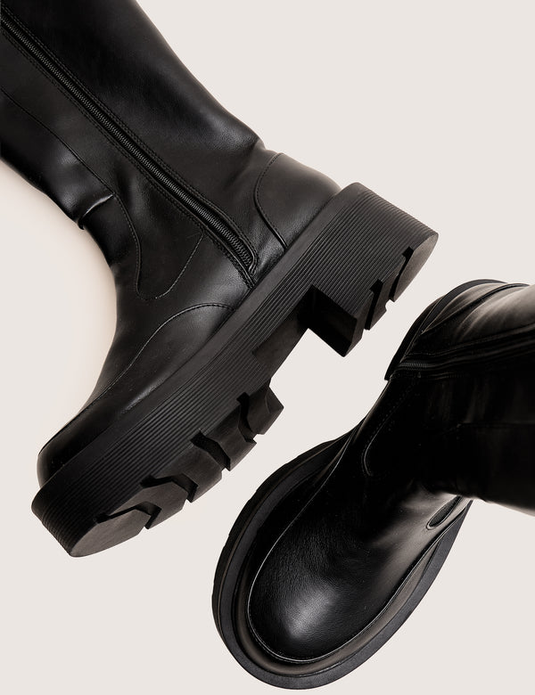 Public Desire Evergreen Black Knee High Elasticated Detail Chunky Heeled Sole Boots