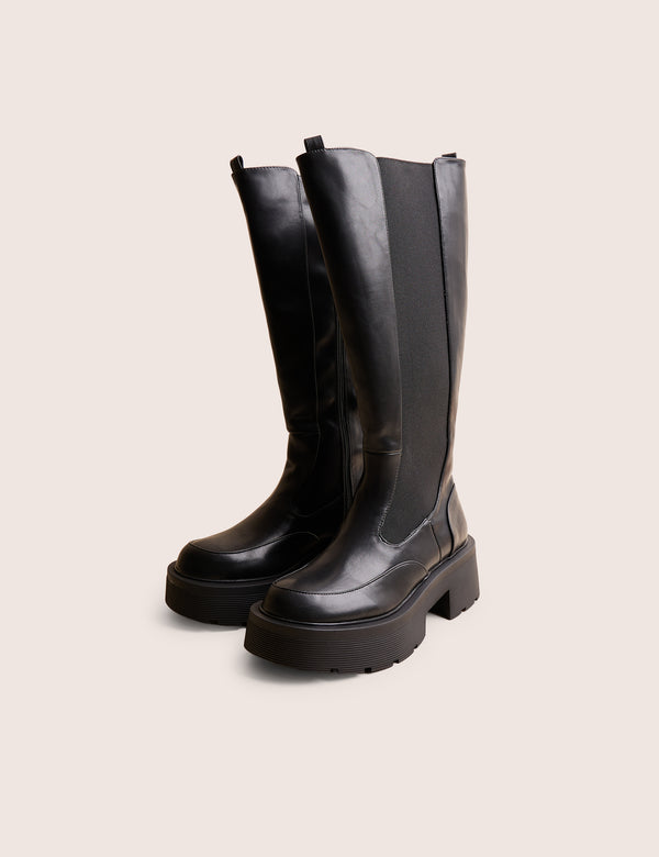 Public Desire Evergreen Black Pu Wide Fit Knee High Elasticated Detail Chunky Heeled Sole Boots