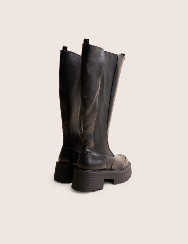 Public Desire Evergreen Black Pu Wide Fit Knee High Elasticated Detail Chunky Heeled Sole Boots