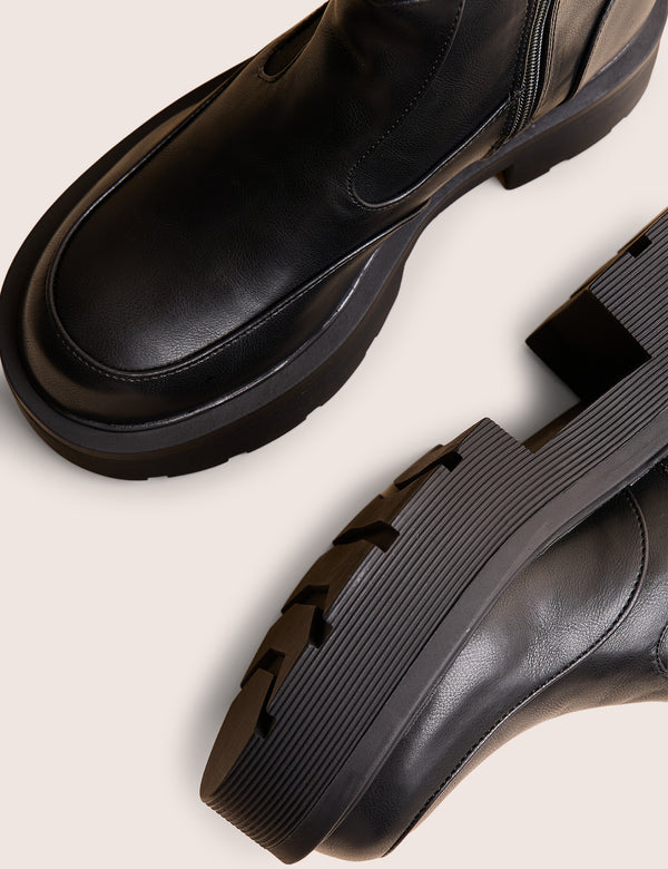 Public Desire Evergreen Black Pu Wide Fit Knee High Elasticated Detail Chunky Heeled Sole Boots