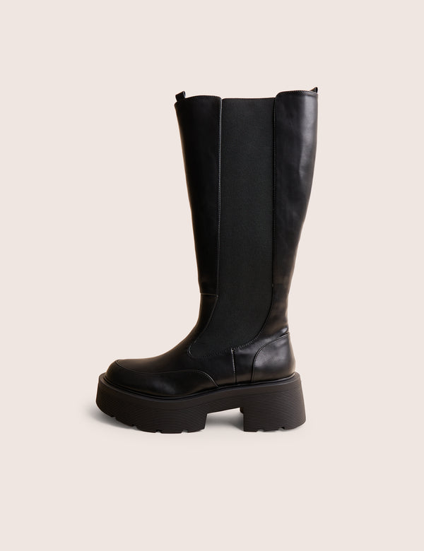 public desire Evergreen Black Pu Wide Fit Knee High Elasticated Detail Chunky Heeled Sole Boots