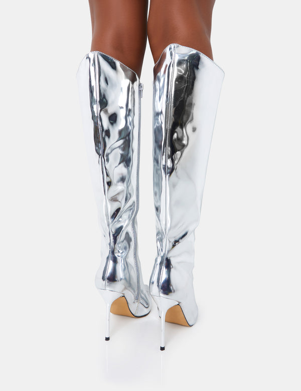 Public Desire Falcon Silver Mirror Knee High Stiletto Boot