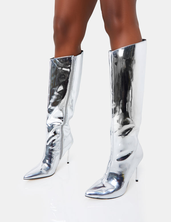 Public Desire Falcon Silver Mirror Knee High Stiletto Boot