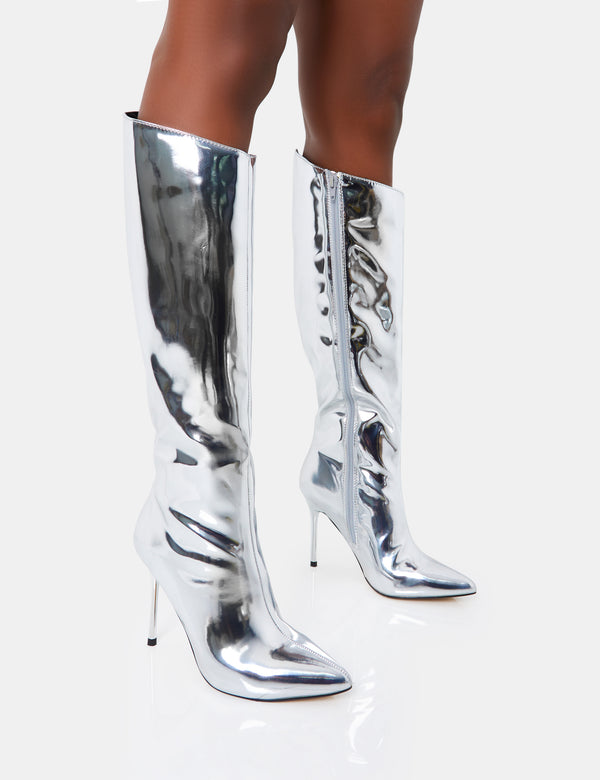 public desire Falcon Silver Mirror Knee High Stiletto Boot