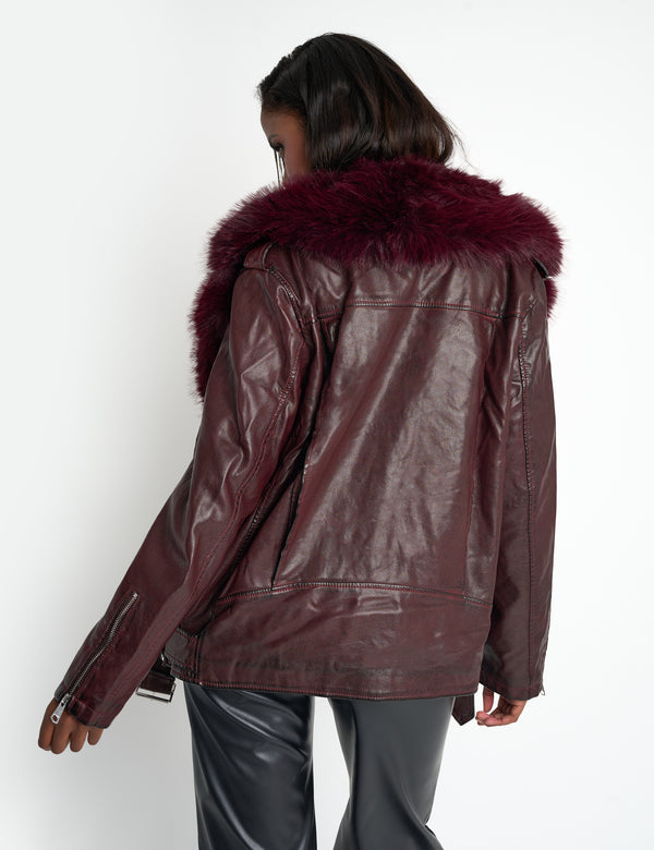 Public Desire Faux Fur Trim Aviator Jacket Burgundy