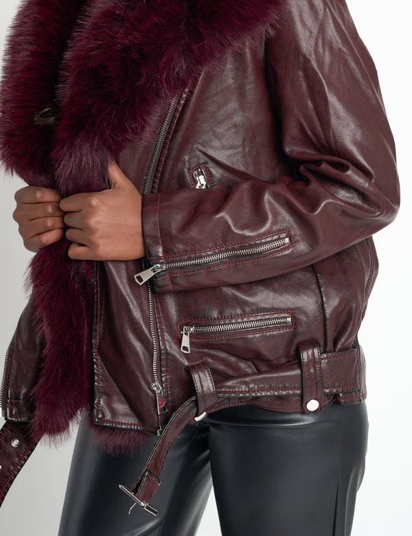 Public Desire Faux Fur Trim Aviator Jacket Burgundy