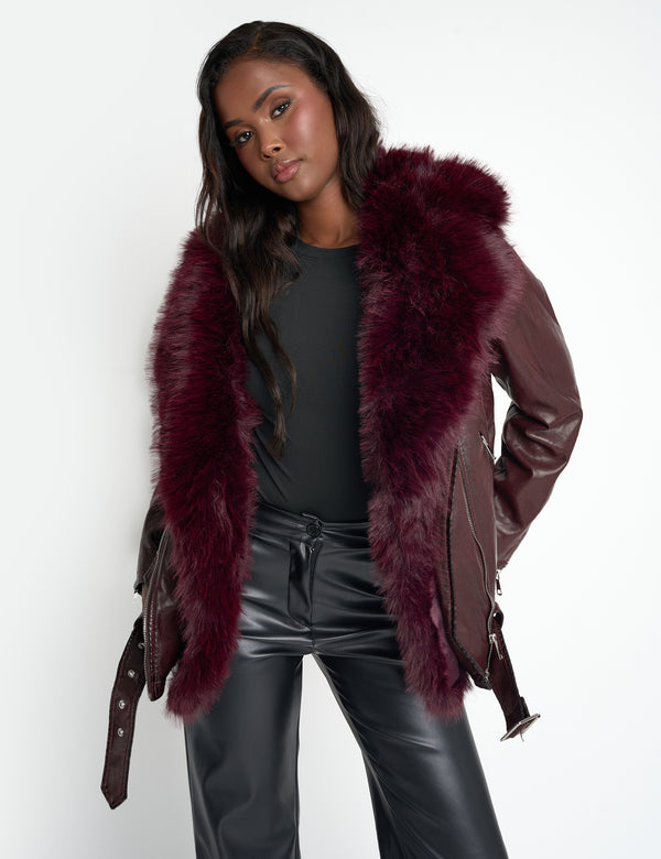 public desire Faux Fur Trim Aviator Jacket Burgundy