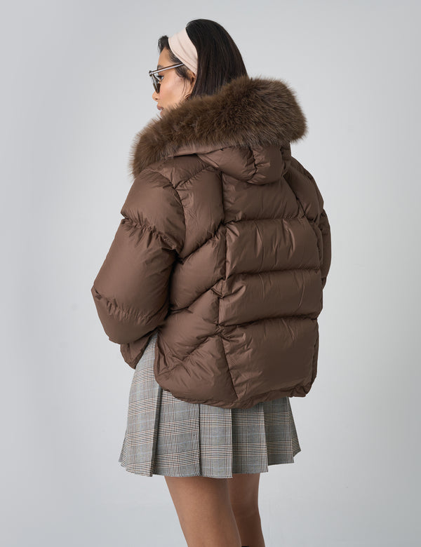Public Desire Faux Fur Trim Hooded Puffer Coat Chocolate