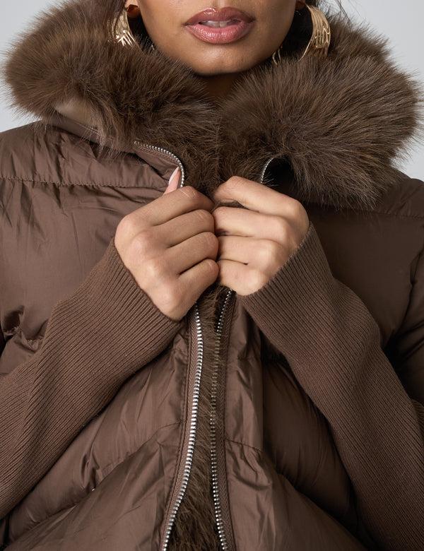 Public Desire Faux Fur Trim Hooded Puffer Coat Chocolate