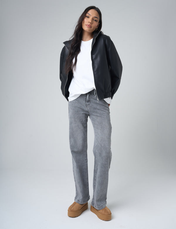 public desire Faux Leather Oversized Bomber Jacket Black