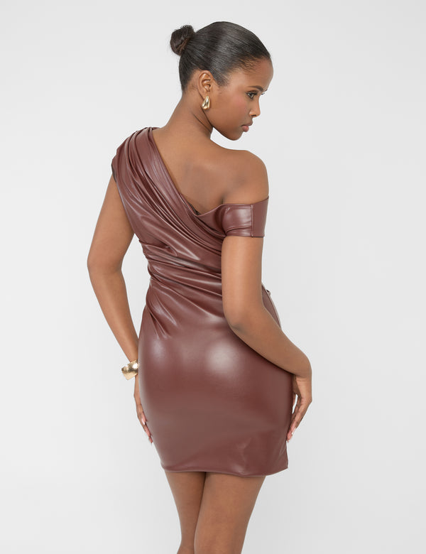 Public Desire Faux Leather Ruched Detail One Shoulder Mini Dress Brown