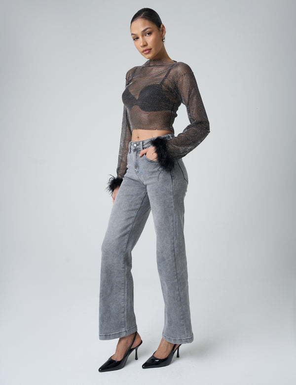 Public Desire Feather Cuff Detail Diamante Mesh Cropped Top Black