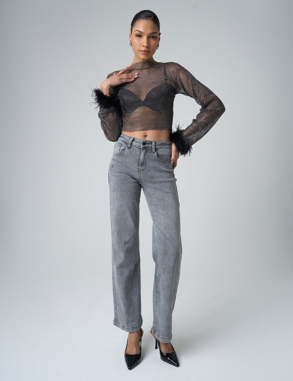 Public Desire Feather Cuff Detail Diamante Mesh Cropped Top Black