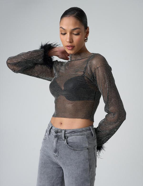 public desire Feather Cuff Detail Diamante Mesh Cropped Top Black