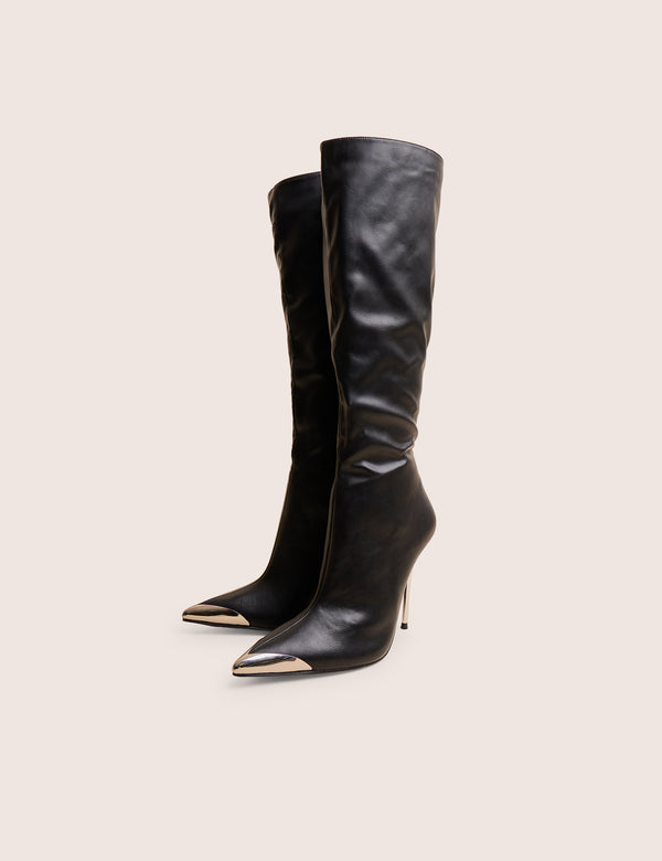 Public Desire Finery Black Pu Metal Toe Capped Zip Up Knee High Stiletto Boots