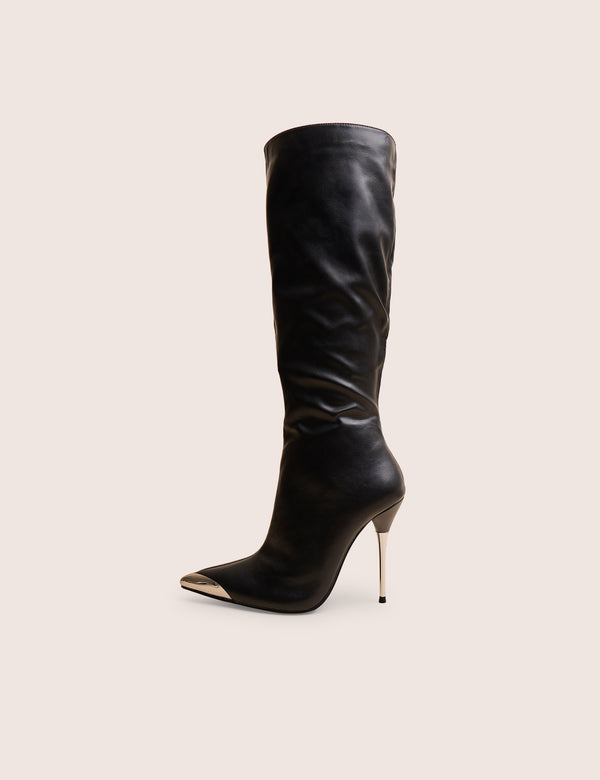 public desire Finery Black Pu Metal Toe Capped Zip Up Knee High Stiletto Boots