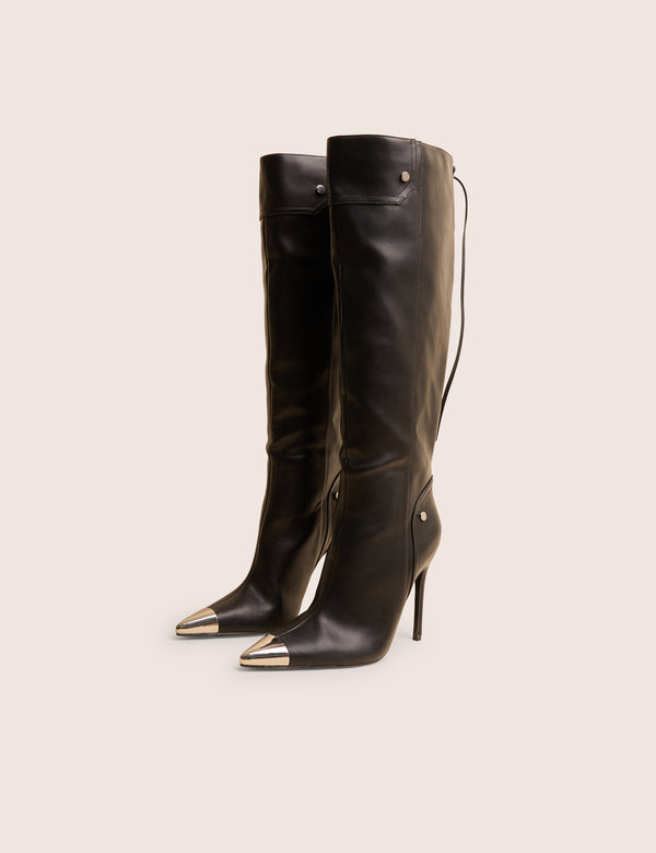 Public Desire Finest Black Toe Cap Detail Pointed Knee High Boots