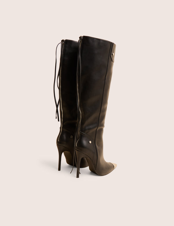 Public Desire Finest Black Toe Cap Detail Pointed Knee High Boots