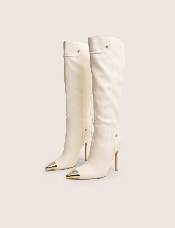 Public Desire Finest White Toe Cap Detail Pointed Knee High Boots