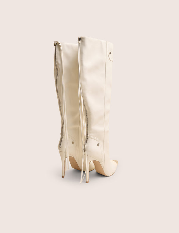 Public Desire Finest White Toe Cap Detail Pointed Knee High Boots