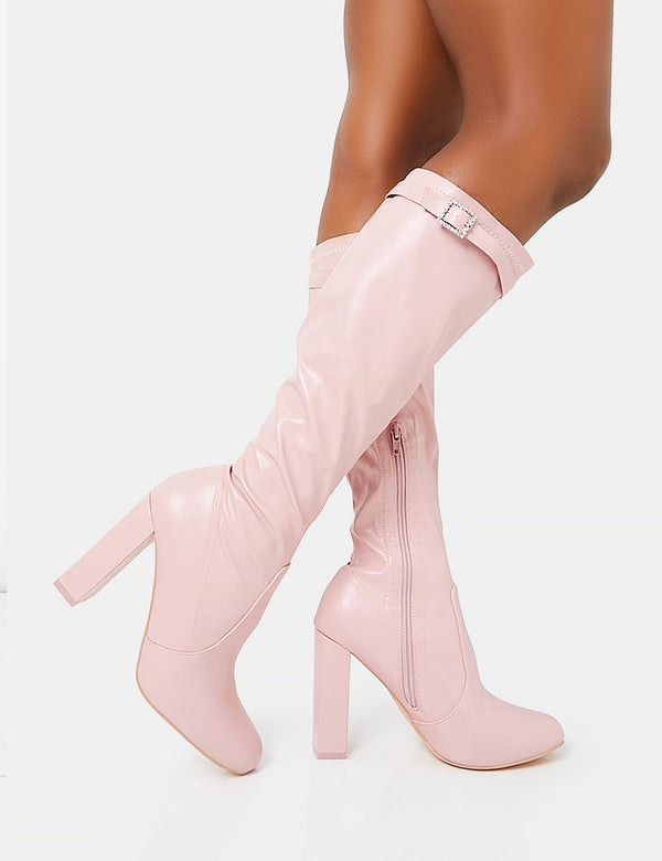 Public Desire First Class Dusty Pink Buckle Strap Knee High Block Heeled Boots