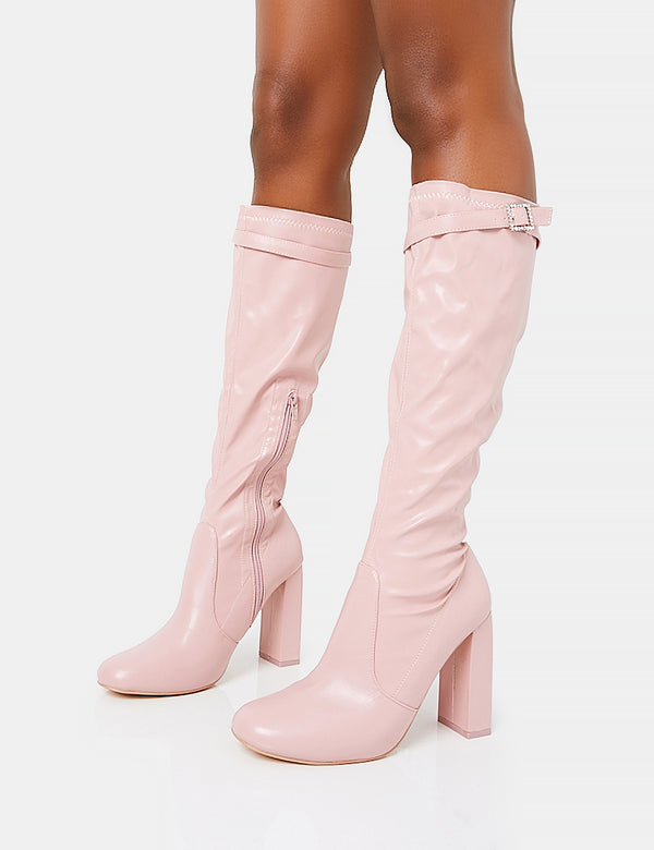 Public Desire First Class Dusty Pink Buckle Strap Knee High Block Heeled Boots