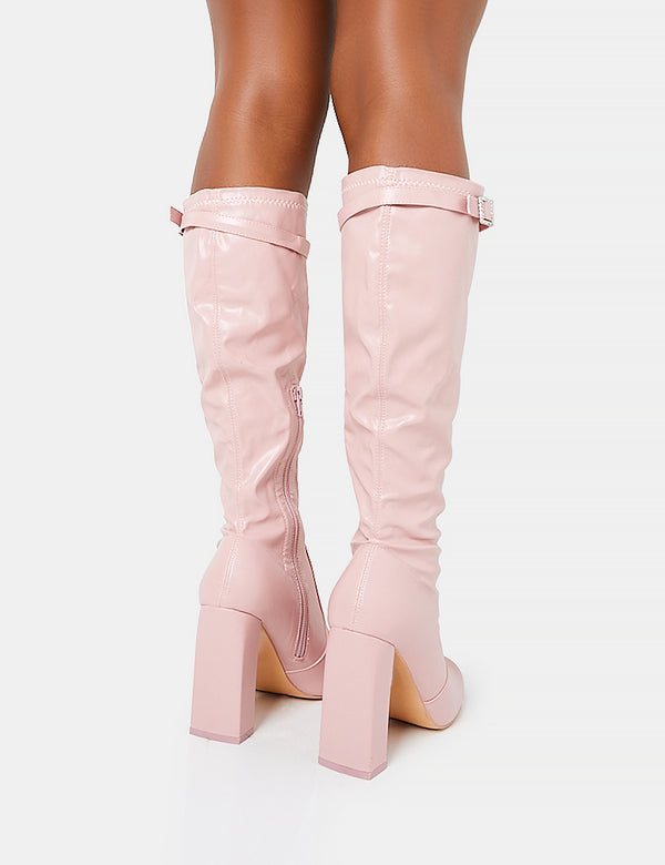 Public Desire First Class Dusty Pink Buckle Strap Knee High Block Heeled Boots